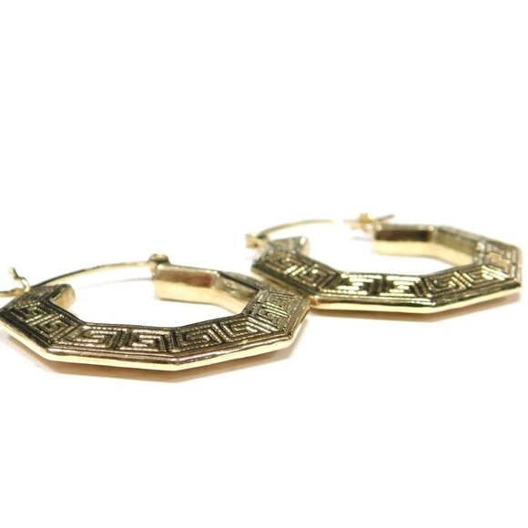 Stunning Vintage 14K Gold Greek Key Hoop Earrings, Stamped 14K, 3.1 grams - Picture 2 of 4